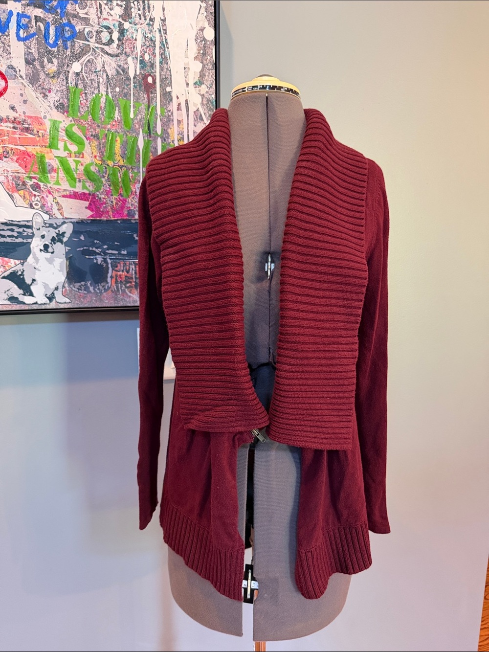 Market & Spruce Burgundy Ribbed Shawl Collar Open-Front Cardigan
